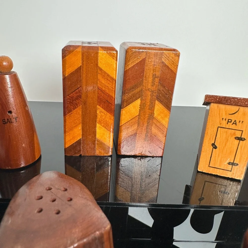 Vintage Salt Pepper Shaker Set Lot of 5 Wood Inlay Souvenir Novelty Rustic Mini